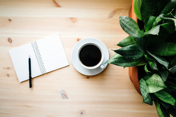 coffee mug and a blank Notepad with pen and house plant