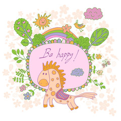 Stylish cartoon card made of cute flowers, doodled horse, trees,