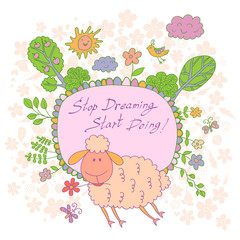 Stylish cartoon card made of cute flowers, doodled lamb, trees,