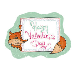 happy valentines day. hand drown card with red fox
