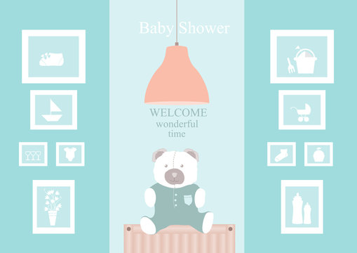 Baby shower design with cute bear dolls on living room