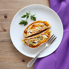 Pumpkin strudel with ham and goat cheese