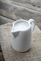 Cup of milk on wooden table