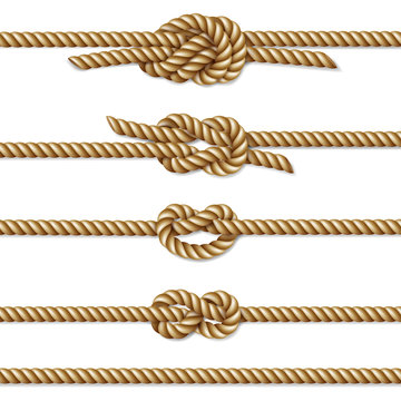 Yellow twisted rope border set, isolated on white, vector illustration 