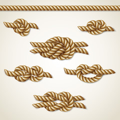 Yellow nautical rope knots set over beige background, vector illustration