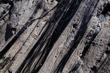 Volcanic bomb consisting of layers of pumice and obsidian. The outer layers cooled rapidly whereas the inner gases continued expanding occasionally cracking the surface, Panum crater, Mono lake
