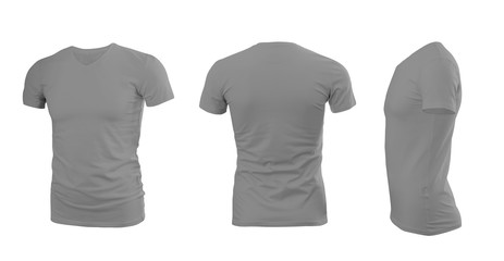 Light grey man's T-shirt with short sleeves with rear and side view on a white background