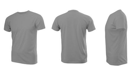 Light grey man's T-shirt with short sleeves with rear and side view on a white background