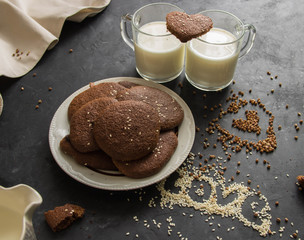 healthy cookies made from buckwheat flour with two cups of milk. Valentine's Day.