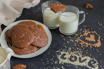 healthy cookies made from buckwheat flour with two cups of milk. Valentine's Day.