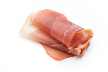 Slices of ham on white background.