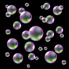colored soap bubbles on a black background Vector illustration