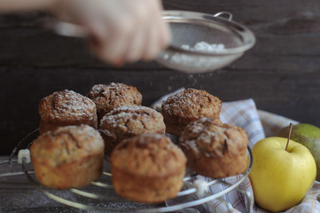Freshly baked muffins with pear and apple