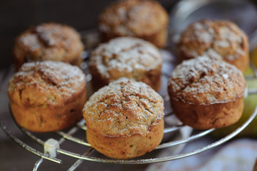 Freshly baked muffins with pear and apple