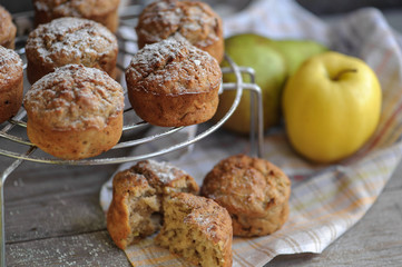 Freshly baked muffins with pear and apple