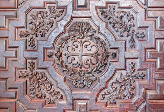 CORDOBA, SPAIN - MAY 27, 2015: The detail of baroque carved gate of church Iglesia de Nuestra Senora de los Dolores (Our Lady of Sorrows).
