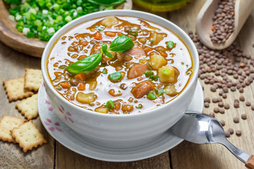 Homemade soup with lentils and sausages