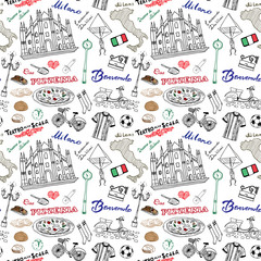 Milan Italy seamless pattern with Hand drawn sketch elements Duomo cathedral, flag, map, pizza, transport and traditional food. Drawing doodle vector illustration, isolated on white