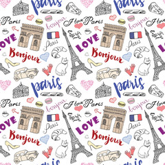 Naklejka premium Paris seamless pattern with Hand drawn sketch elements - eiffel tower triumf arch, fashion items. Drawing doodle vector illustration, isolated on white
