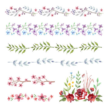 Vector Floral Border. Set of vintage watercolor flowers  for wedding invitations and birthday cards