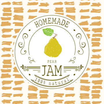 Jam label design template. for pear dessert product with hand drawn sketched fruit and background. Doodle vector pear illustration brand identity