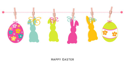 Happy easter silhouette eggs, bunny, chick greeting card vector