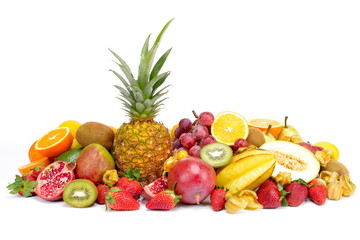 fresh tropical fruits isolated on white background