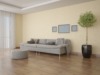 Modern sofa in the spacious bright living room .