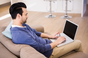 Handsome man using laptop on couch