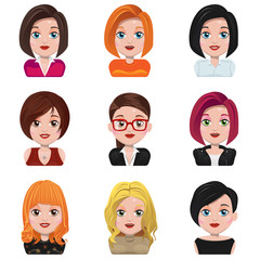 Set of vector avatar women faces with different hairstyles and clothin