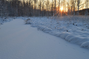 Forest river under the white winter snow at sunrise