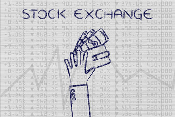 hand holding wallet with cash over financial stats, with text St