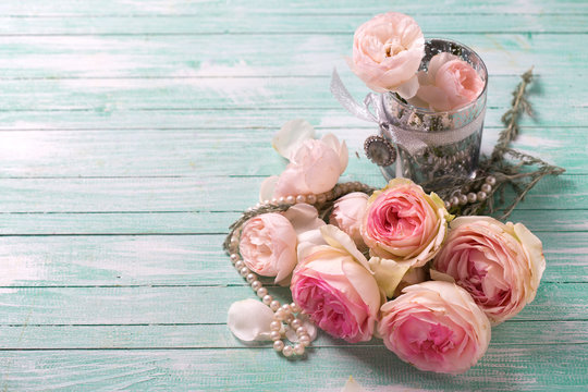Background  with rose  flowers and pearl