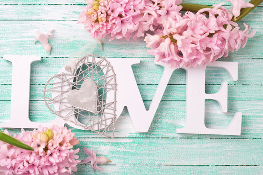 Word love,  pink flowers  hyacinths and decorative heart