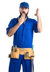 Plumber doing surprise gesture