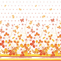 Seamless spring white floral pattern with orange strawberries and flowers and yellow butterflies