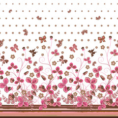 Fototapety  Vertical Seamless pink brown floral pattern with strawberries and flowers and translucent butterflies