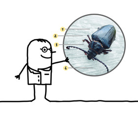 cartoon man entomologist showing a beetle
