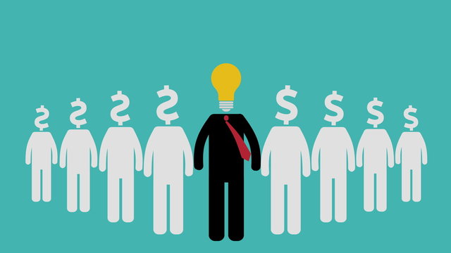 Think Different Concept- Idea Concept. leader of a group with with lamp instead of his head and the others with a dollar sign. be different concept.