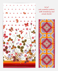 Set of Bright vertical seamless pattern with a orange brown strawberry, leaves flowers and butterfly on white background also ornate border (ribbon tape band edging )