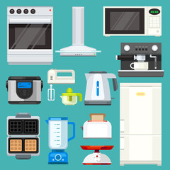 Big appliance set! Isolated objects: : washing machine, coffee machine with mug, juicer, mixer, microwave oven, mincer, pot, fridge. Flat vector illustration set.