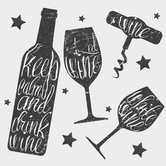 Wine bottle, glass and corkscrew vector illustration in vintage style. Hand drawn chalkboard. Chalk lettering. - obrazy, fototapety, plakaty