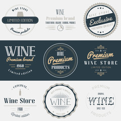 Wine drink labels set. Brands design elements, emblems, logo, badges and stickers. Vector illustration in vintage style.