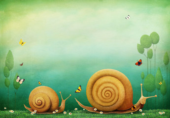 Pastel textured background with flowers and snails