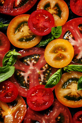 Ingredients for the salad of colorful tomatoes and basil on a da