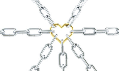 Heart gold in Chains. 3d Illustrations on a white background