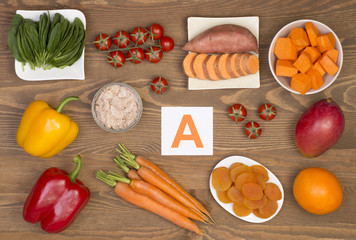 Food sources of beta carotene and vitamin A - obrazy, fototapety, plakaty