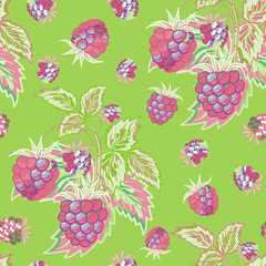 Seamless pattern with pink raspberries on green background in cartoon style. Hand drawn design for Thank you card, Greeting card or Invitation or fabric. Vector illustration.