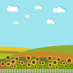 Colorful Fields With Sunflowers And White Fence