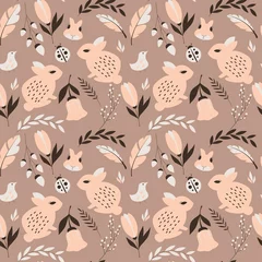 Poster Naadloos patroon met konijnen, lieveheersbeestjes, vogels en bloemen, vec © bluelela
